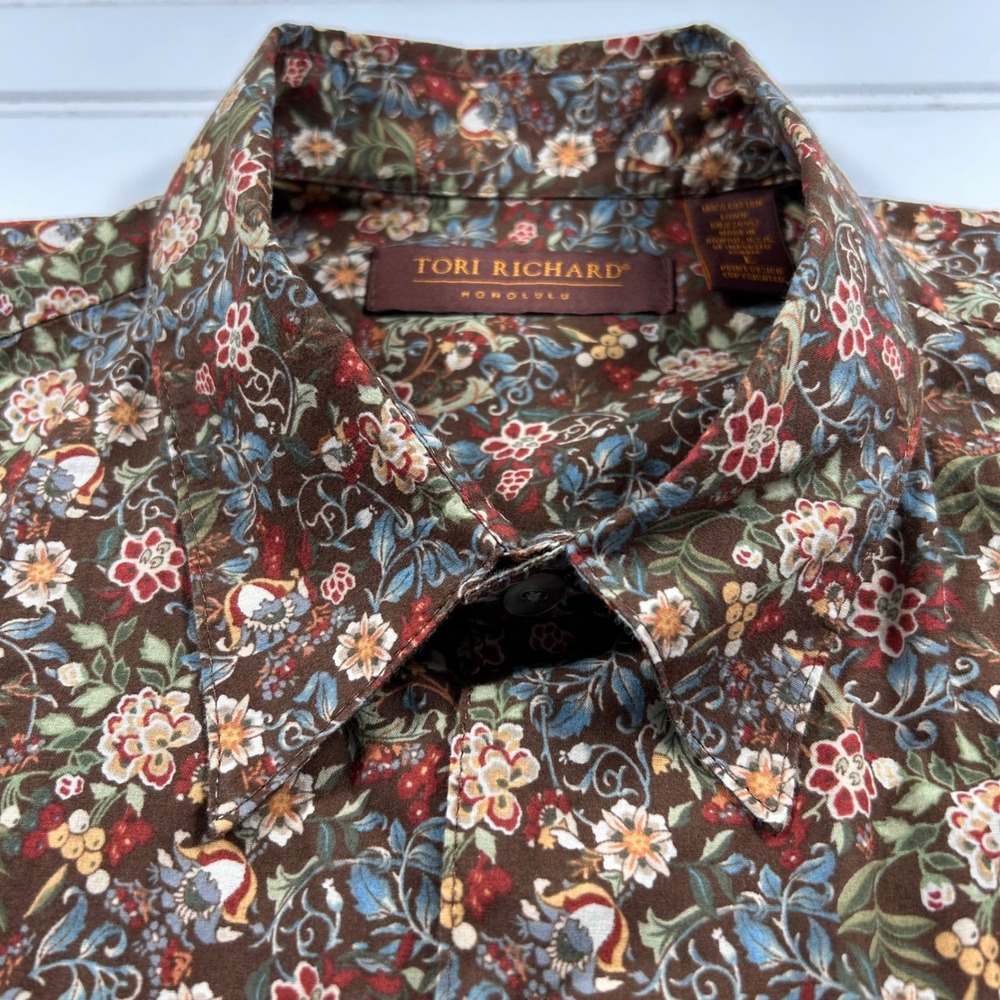 Tori Richard Hawaiian Floral Cotton Lawn Shirt Men's Large Brown Short Sleeve